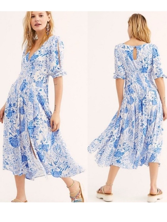 Free People Dresses & Skirts - Free People Forever Always Dress Coquette White Blue Floral Midi Dress Womens 4